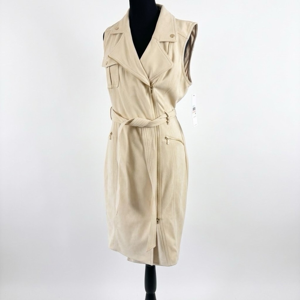 NWT Calvin Klein Zip-Front Moto Dress Size 10 Sand Office Neutrals Career ~FLAWS